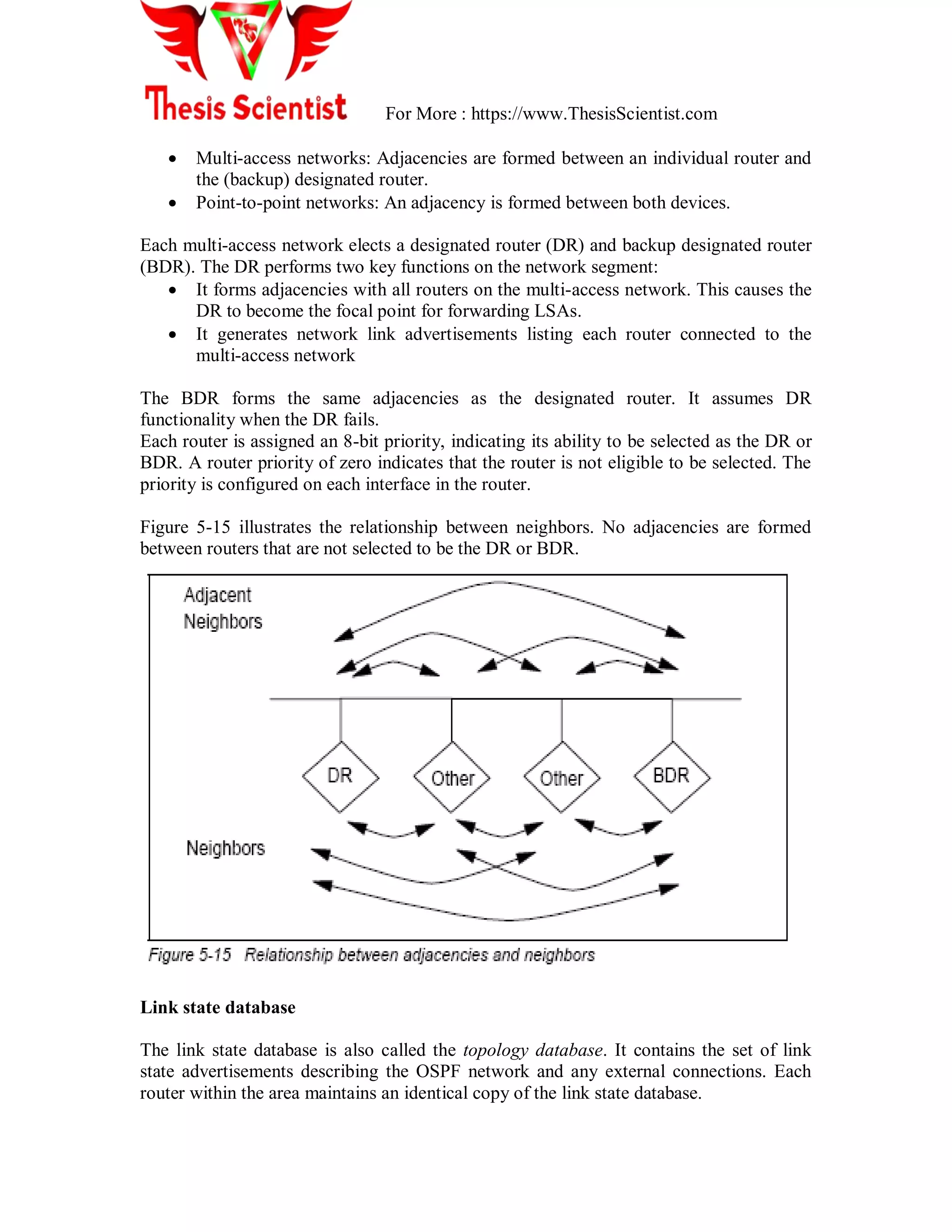 For More : https://www.ThesisScientist.com
 Multi-access networks: Adjacencies are formed between an individual router and
the (backup) designated router.
 Point-to-point networks: An adjacency is formed between both devices.
Each multi-access network elects a designated router (DR) and backup designated router
(BDR). The DR performs two key functions on the network segment:
 It forms adjacencies with all routers on the multi-access network. This causes the
DR to become the focal point for forwarding LSAs.
 It generates network link advertisements listing each router connected to the
multi-access network
The BDR forms the same adjacencies as the designated router. It assumes DR
functionality when the DR fails.
Each router is assigned an 8-bit priority, indicating its ability to be selected as the DR or
BDR. A router priority of zero indicates that the router is not eligible to be selected. The
priority is configured on each interface in the router.
Figure 5-15 illustrates the relationship between neighbors. No adjacencies are formed
between routers that are not selected to be the DR or BDR.
Link state database
The link state database is also called the topology database. It contains the set of link
state advertisements describing the OSPF network and any external connections. Each
router within the area maintains an identical copy of the link state database.
 