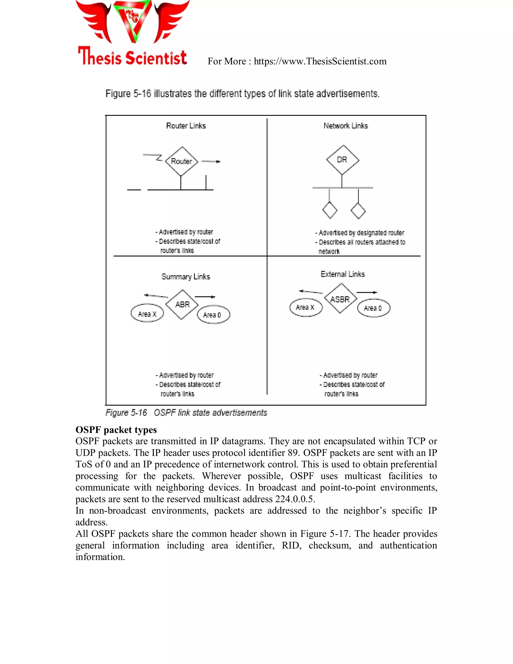 For More : https://www.ThesisScientist.com
OSPF packet types
OSPF packets are transmitted in IP datagrams. They are not encapsulated within TCP or
UDP packets. The IP header uses protocol identifier 89. OSPF packets are sent with an IP
ToS of 0 and an IP precedence of internetwork control. This is used to obtain preferential
processing for the packets. Wherever possible, OSPF uses multicast facilities to
communicate with neighboring devices. In broadcast and point-to-point environments,
packets are sent to the reserved multicast address 224.0.0.5.
In non-broadcast environments, packets are addressed to the neighbor‘s specific IP
address.
All OSPF packets share the common header shown in Figure 5-17. The header provides
general information including area identifier, RID, checksum, and authentication
information.
 