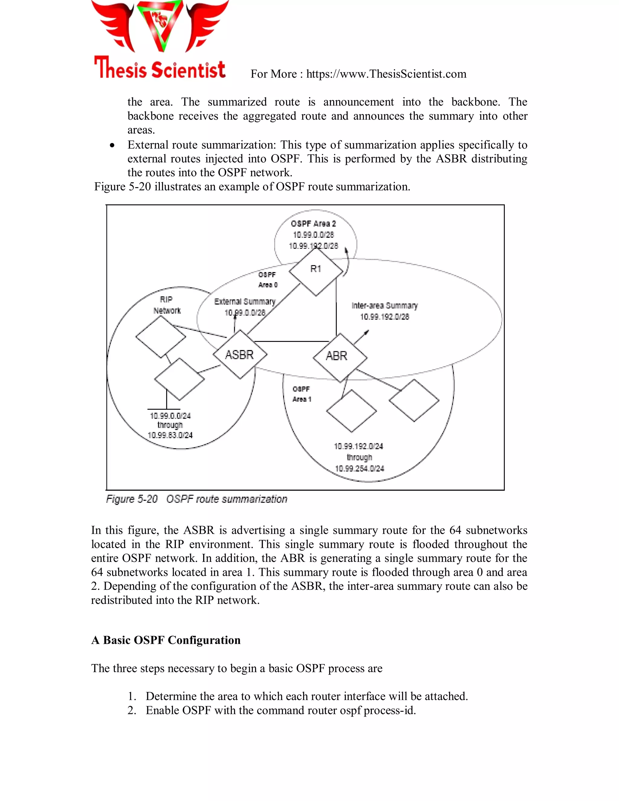 For More : https://www.ThesisScientist.com
the area. The summarized route is announcement into the backbone. The
backbone receives the aggregated route and announces the summary into other
areas.
 External route summarization: This type of summarization applies specifically to
external routes injected into OSPF. This is performed by the ASBR distributing
the routes into the OSPF network.
Figure 5-20 illustrates an example of OSPF route summarization.
In this figure, the ASBR is advertising a single summary route for the 64 subnetworks
located in the RIP environment. This single summary route is flooded throughout the
entire OSPF network. In addition, the ABR is generating a single summary route for the
64 subnetworks located in area 1. This summary route is flooded through area 0 and area
2. Depending of the configuration of the ASBR, the inter-area summary route can also be
redistributed into the RIP network.
A Basic OSPF Configuration
The three steps necessary to begin a basic OSPF process are
1. Determine the area to which each router interface will be attached.
2. Enable OSPF with the command router ospf process-id.
 