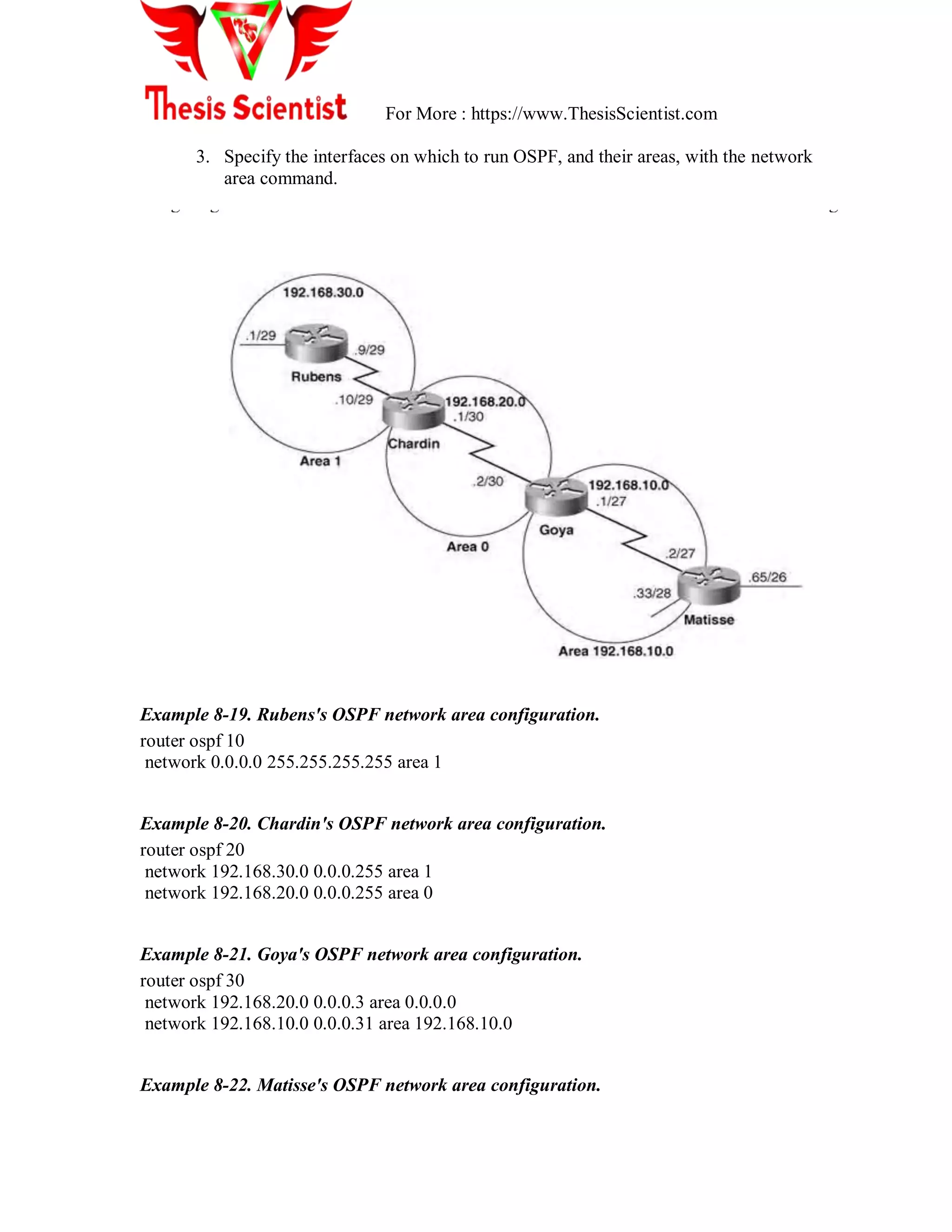 For More : https://www.ThesisScientist.com
3. Specify the interfaces on which to run OSPF, and their areas, with the network
area command.
Example 8-19. Rubens's OSPF network area configuration.
router ospf 10
network 0.0.0.0 255.255.255.255 area 1
Example 8-20. Chardin's OSPF network area configuration.
router ospf 20
network 192.168.30.0 0.0.0.255 area 1
network 192.168.20.0 0.0.0.255 area 0
Example 8-21. Goya's OSPF network area configuration.
router ospf 30
network 192.168.20.0 0.0.0.3 area 0.0.0.0
network 192.168.10.0 0.0.0.31 area 192.168.10.0
Example 8-22. Matisse's OSPF network area configuration.
 