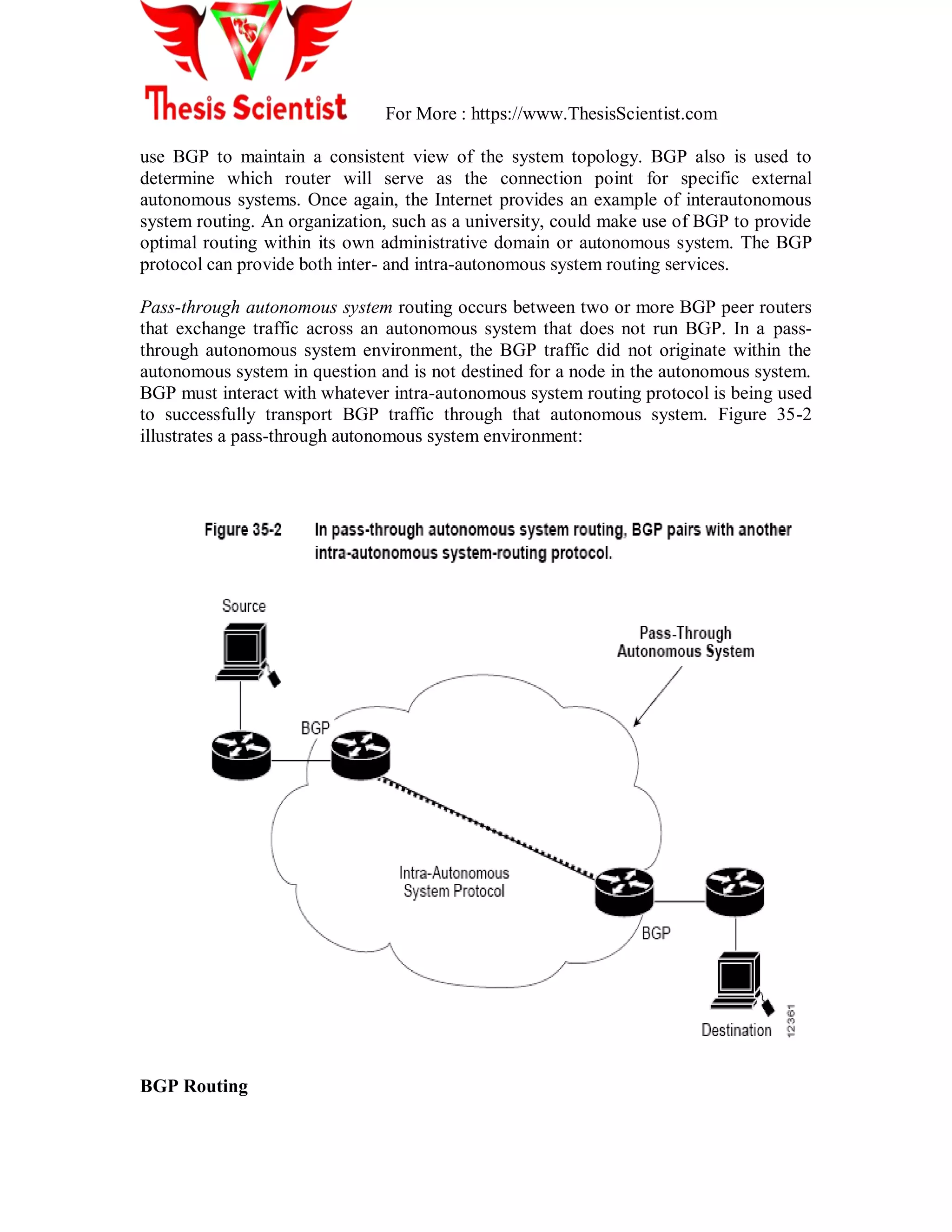 For More : https://www.ThesisScientist.com
use BGP to maintain a consistent view of the system topology. BGP also is used to
determine which router will serve as the connection point for specific external
autonomous systems. Once again, the Internet provides an example of interautonomous
system routing. An organization, such as a university, could make use of BGP to provide
optimal routing within its own administrative domain or autonomous system. The BGP
protocol can provide both inter- and intra-autonomous system routing services.
Pass-through autonomous system routing occurs between two or more BGP peer routers
that exchange traffic across an autonomous system that does not run BGP. In a pass-
through autonomous system environment, the BGP traffic did not originate within the
autonomous system in question and is not destined for a node in the autonomous system.
BGP must interact with whatever intra-autonomous system routing protocol is being used
to successfully transport BGP traffic through that autonomous system. Figure 35-2
illustrates a pass-through autonomous system environment:
BGP Routing
 