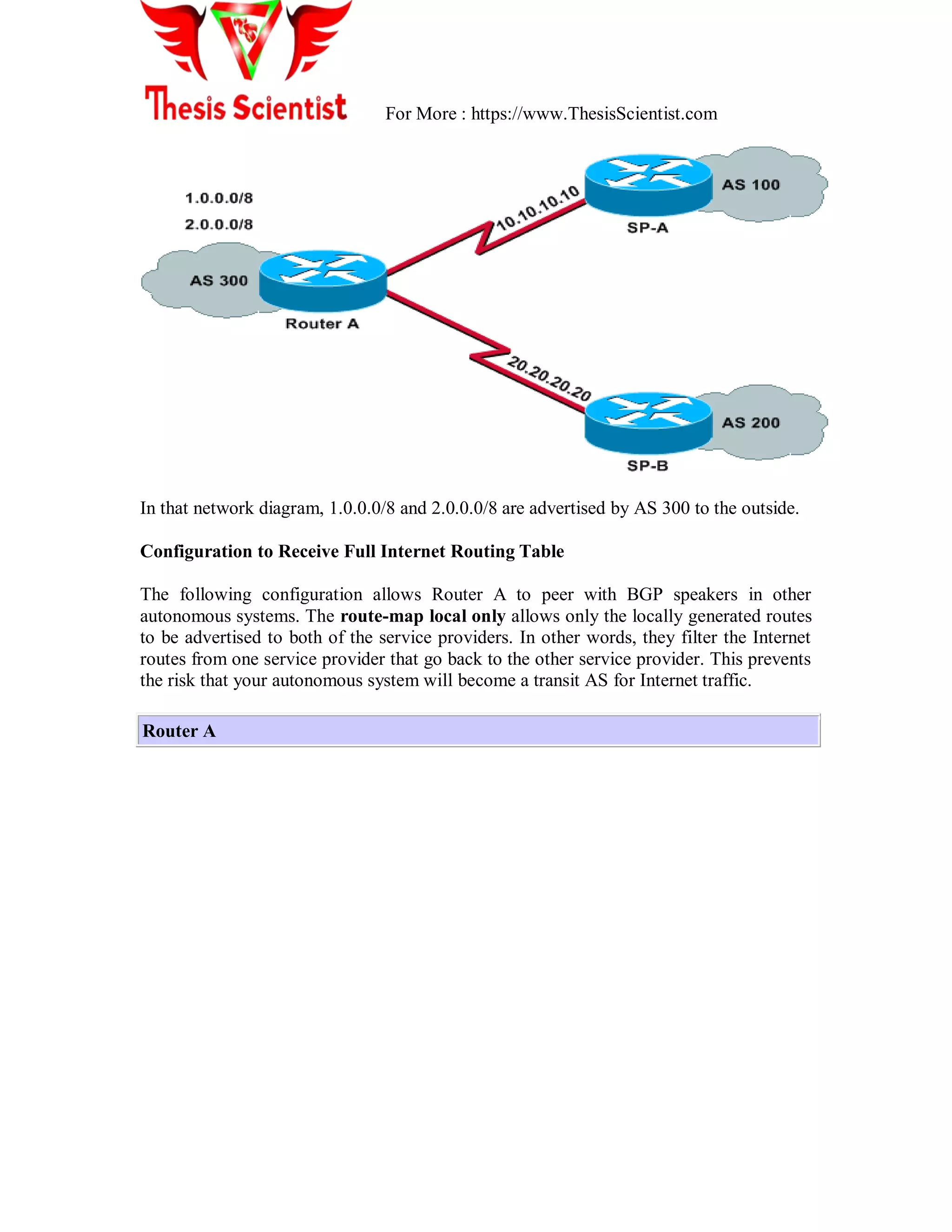 For More : https://www.ThesisScientist.com
In that network diagram, 1.0.0.0/8 and 2.0.0.0/8 are advertised by AS 300 to the outside.
Configuration to Receive Full Internet Routing Table
The following configuration allows Router A to peer with BGP speakers in other
autonomous systems. The route-map local only allows only the locally generated routes
to be advertised to both of the service providers. In other words, they filter the Internet
routes from one service provider that go back to the other service provider. This prevents
the risk that your autonomous system will become a transit AS for Internet traffic.
Router A
 