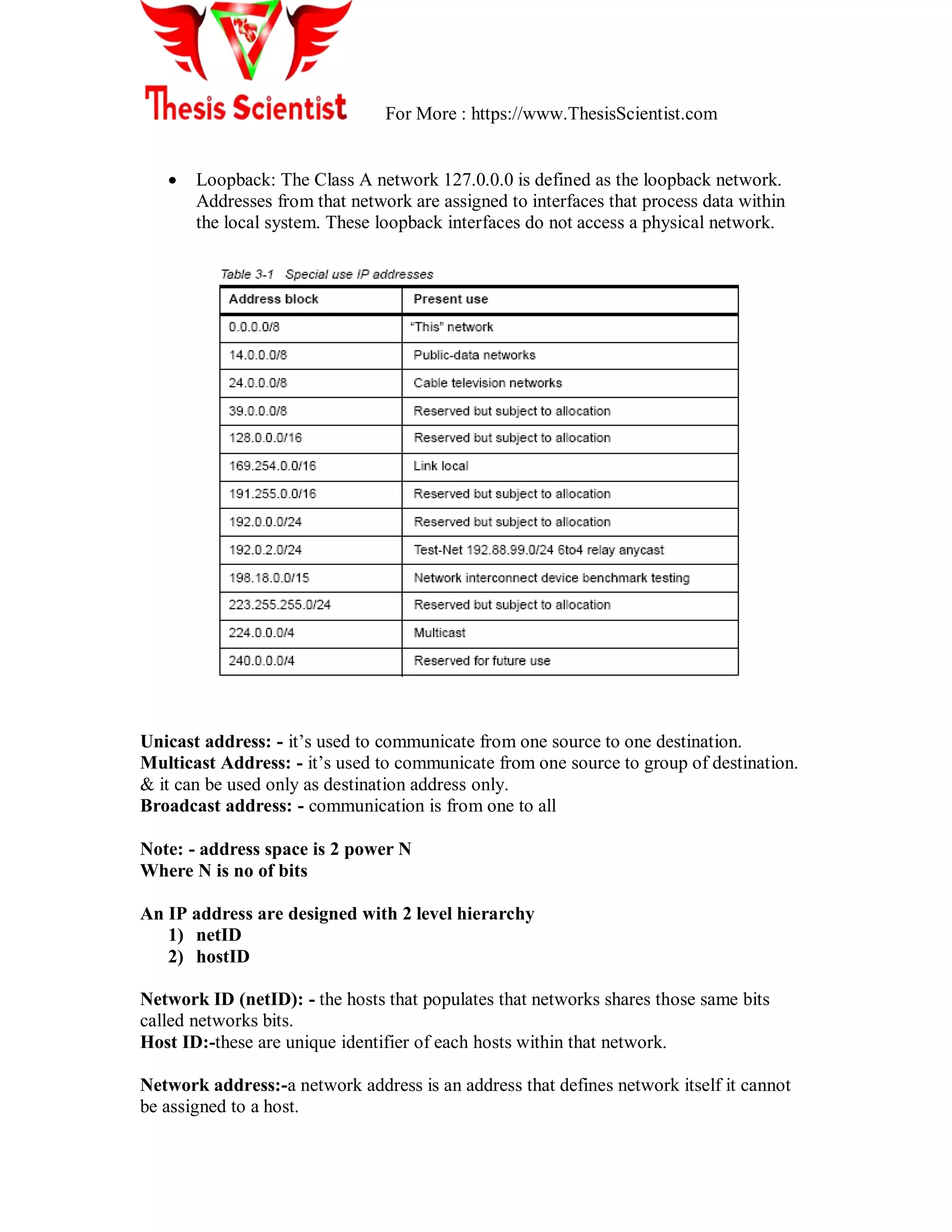 For More : https://www.ThesisScientist.com
 Loopback: The Class A network 127.0.0.0 is defined as the loopback network.
Addresses from that network are assigned to interfaces that process data within
the local system. These loopback interfaces do not access a physical network.
Unicast address: - it‘s used to communicate from one source to one destination.
Multicast Address: - it‘s used to communicate from one source to group of destination.
& it can be used only as destination address only.
Broadcast address: - communication is from one to all
Note: - address space is 2 power N
Where N is no of bits
An IP address are designed with 2 level hierarchy
1) netID
2) hostID
Network ID (netID): - the hosts that populates that networks shares those same bits
called networks bits.
Host ID:-these are unique identifier of each hosts within that network.
Network address:-a network address is an address that defines network itself it cannot
be assigned to a host.
 