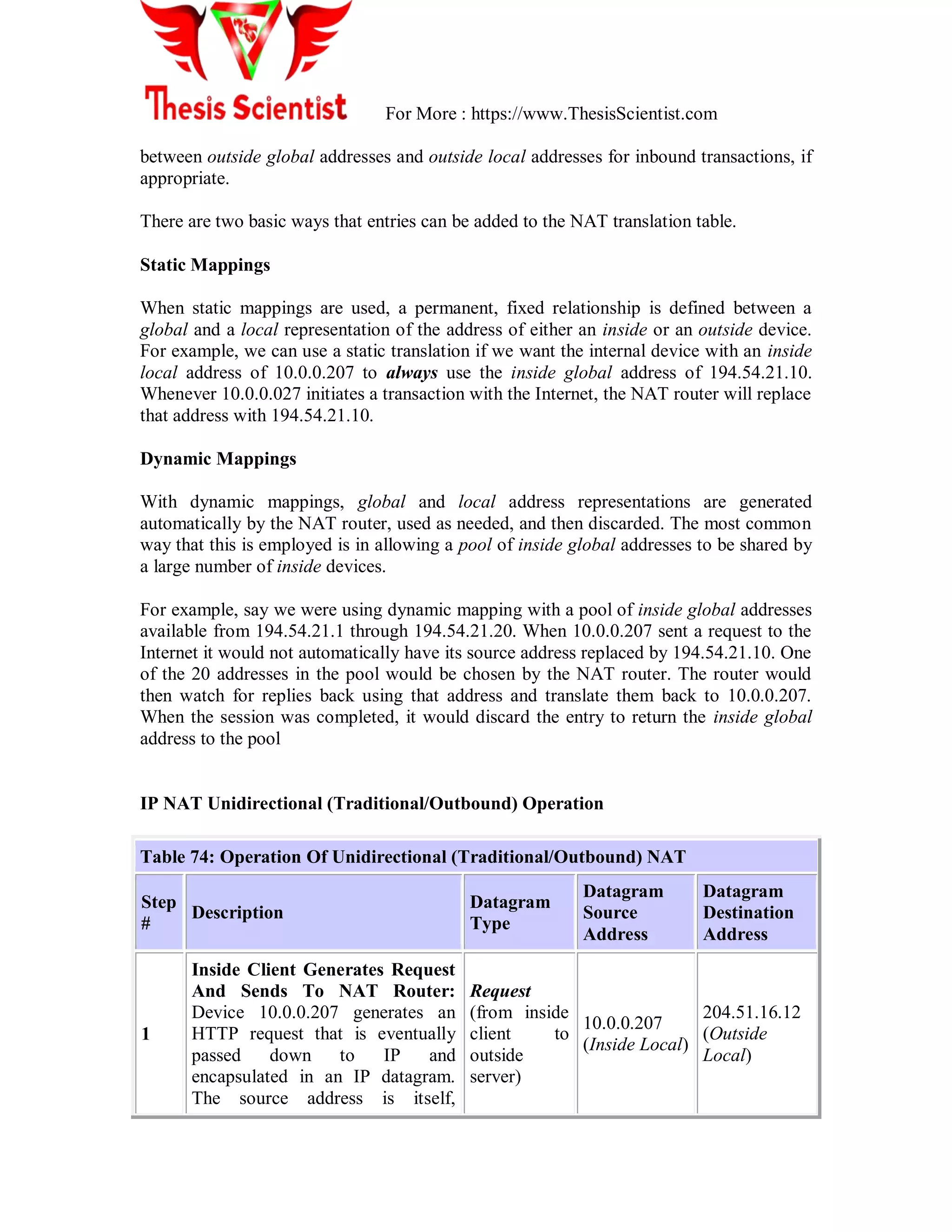 For More : https://www.ThesisScientist.com
between outside global addresses and outside local addresses for inbound transactions, if
appropriate.
There are two basic ways that entries can be added to the NAT translation table.
Static Mappings
When static mappings are used, a permanent, fixed relationship is defined between a
global and a local representation of the address of either an inside or an outside device.
For example, we can use a static translation if we want the internal device with an inside
local address of 10.0.0.207 to always use the inside global address of 194.54.21.10.
Whenever 10.0.0.027 initiates a transaction with the Internet, the NAT router will replace
that address with 194.54.21.10.
Dynamic Mappings
With dynamic mappings, global and local address representations are generated
automatically by the NAT router, used as needed, and then discarded. The most common
way that this is employed is in allowing a pool of inside global addresses to be shared by
a large number of inside devices.
For example, say we were using dynamic mapping with a pool of inside global addresses
available from 194.54.21.1 through 194.54.21.20. When 10.0.0.207 sent a request to the
Internet it would not automatically have its source address replaced by 194.54.21.10. One
of the 20 addresses in the pool would be chosen by the NAT router. The router would
then watch for replies back using that address and translate them back to 10.0.0.207.
When the session was completed, it would discard the entry to return the inside global
address to the pool
IP NAT Unidirectional (Traditional/Outbound) Operation
Table 74: Operation Of Unidirectional (Traditional/Outbound) NAT
Step
#
Description
Datagram
Type
Datagram
Source
Address
Datagram
Destination
Address
1
Inside Client Generates Request
And Sends To NAT Router:
Device 10.0.0.207 generates an
HTTP request that is eventually
passed down to IP and
encapsulated in an IP datagram.
The source address is itself,
Request
(from inside
client to
outside
server)
10.0.0.207
(Inside Local)
204.51.16.12
(Outside
Local)
 