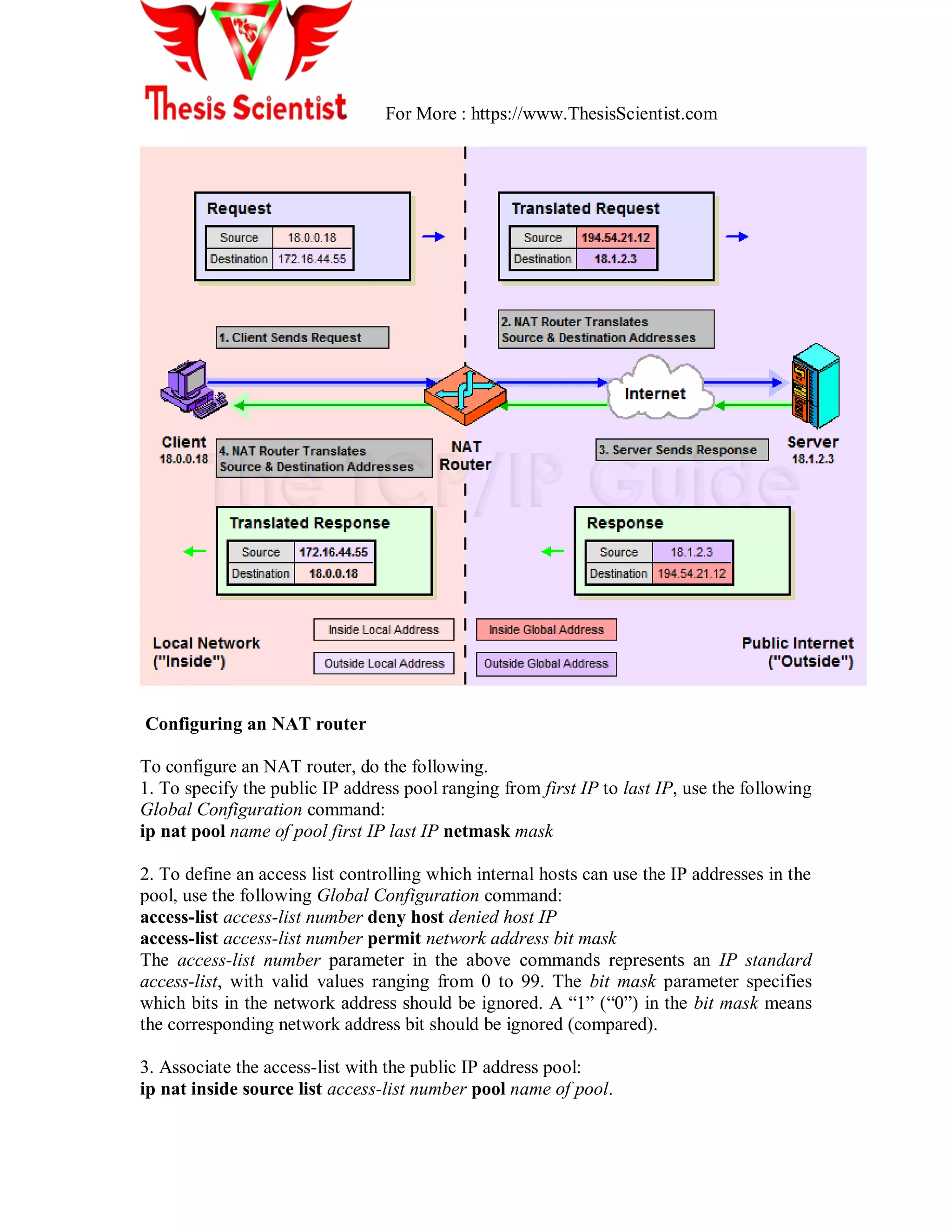 For More : https://www.ThesisScientist.com
Configuring an NAT router
To configure an NAT router, do the following.
1. To specify the public IP address pool ranging from first IP to last IP, use the following
Global Configuration command:
ip nat pool name of pool first IP last IP netmask mask
2. To define an access list controlling which internal hosts can use the IP addresses in the
pool, use the following Global Configuration command:
access-list access-list number deny host denied host IP
access-list access-list number permit network address bit mask
The access-list number parameter in the above commands represents an IP standard
access-list, with valid values ranging from 0 to 99. The bit mask parameter specifies
which bits in the network address should be ignored. A ―1‖ (―0‖) in the bit mask means
the corresponding network address bit should be ignored (compared).
3. Associate the access-list with the public IP address pool:
ip nat inside source list access-list number pool name of pool.
 