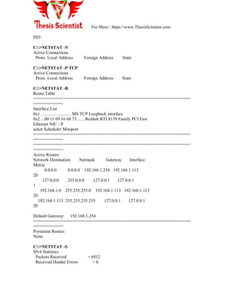 For More : https://www.ThesisScientist.com
PID
C:>NETSTAT -N
Active Connections
Proto Local Address Foreign Address State
C:>NETSTAT -P TCP
Active Connections
Proto Local Address Foreign Address State
C:>NETSTAT -R
Route Table
===============================================================
============
Interface List
0x1 ........................... MS TCP Loopback interface
0x2 ...00 11 09 16 6b 73 ...... Realtek RTL8139 Family PCI Fast
Ethernet NIC - P
acket Scheduler Miniport
===============================================================
============
===============================================================
============
Active Routes:
Network Destination Netmask Gateway Interface
Metric
0.0.0.0 0.0.0.0 192.168.1.254 192.168.1.113
20
127.0.0.0 255.0.0.0 127.0.0.1 127.0.0.1
1
192.168.1.0 255.255.255.0 192.168.1.113 192.168.1.113
20
192.168.1.113 255.255.255.255 127.0.0.1 127.0.0.1
20
Default Gateway: 192.168.1.254
===============================================================
============
Persistent Routes:
None
C:>NETSTAT -S
IPv4 Statistics
Packets Received = 6912
Received Header Errors = 0
 