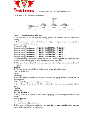 For More : https://www.ThesisScientist.com
Lab 5.2: Dynamic Routing with RIP
In this lab, we will use the dynamic routing protocol RIP instead of static and default
routing.
1. Remove any static routes or default routes configured on your routers by using the no
ip route command. For example:
RouterA#config t
RouterA(config)#no ip route 172.16.10.0 255.255.255.0 172.16.11.2
RouterA(config)#no ip route 172.16.30.0 255.255.255.0 172.16.20.2
RouterA(config)#no ip route 172.16.40.0 255.255.255.0 172.16.20.2
RouterA(config)#no ip route 172.16.50.0 255.255.255.0 172.16.20.2
RouterA(config)#no ip route 172.16.55.0 255.255.255.0 172.16.20.2
Do the same thing for Routers B and C and the 2621 router. Type sh run and press Enter
on each router to verify that all static and default routes are cleared.
2. After your static and default routers are clear, go into configuration mode on Router A
by typing
config t.
3. Tell your router to use RIP routing by typing router rip and pressing
Enter, as shown here:
config t
router rip
4. Add the network number you want to advertise by typing network 172.16.0.0 and
pressing Enter.
5. Press Ctrl+Z to get out of configuration mode.
6. Go to Routers B and C and the 2621 router and type the same commands, as shown
here:
Config t
Router rip
Network 172.16.0.0
7. Verify that RIP is running at each router by typing the following commands at each
router:
show ip protocol
show ip route
show running-config or show run
8. Save your configurations by typing copy run start or copy runningconfig startup-
config and pressing Enter at each router.
 