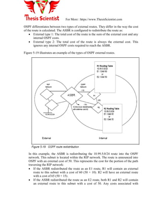 For More : https://www.ThesisScientist.com
OSPF differentiates between two types of external routes. They differ in the way the cost
of the route is calculated. The ASBR is configured to redistribute the route as:
 External type 1: The total cost of the route is the sum of the external cost and any
internal OSPF costs.
 External type 2: The total cost of the route is always the external cost. This
ignores any internal OSPF costs required to reach the ASBR.
Figure 5-19 illustrates an example of the types of OSPF external routes.
In this example, the ASBR is redistributing the 10.99.5.0/24 route into the OSPF
network. This subnet is located within the RIP network. The route is announced into
OSPF with an external cost of 50. This represents the cost for the portion of the path
traversing the RIP network:
 If the ASBR redistributed the route as an E1 route, R1 will contain an external
route to this subnet with a cost of 60 (50 + 10). R2 will have an external route
with a cost of 65 (50 + 15).
 If the ASBR redistributed the route as an E2 route, both R1 and R2 will contain
an external route to this subnet with a cost of 50. Any costs associated with
 