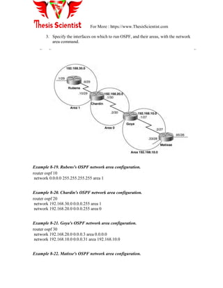 For More : https://www.ThesisScientist.com
3. Specify the interfaces on which to run OSPF, and their areas, with the network
area command.
Example 8-19. Rubens's OSPF network area configuration.
router ospf 10
network 0.0.0.0 255.255.255.255 area 1
Example 8-20. Chardin's OSPF network area configuration.
router ospf 20
network 192.168.30.0 0.0.0.255 area 1
network 192.168.20.0 0.0.0.255 area 0
Example 8-21. Goya's OSPF network area configuration.
router ospf 30
network 192.168.20.0 0.0.0.3 area 0.0.0.0
network 192.168.10.0 0.0.0.31 area 192.168.10.0
Example 8-22. Matisse's OSPF network area configuration.
 