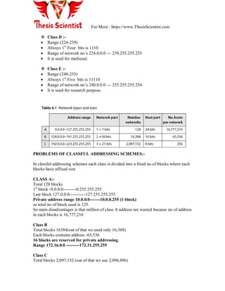 For More : https://www.ThesisScientist.com
 Class D :-
 Range (224-239)
 Always 1st
Four bits is 1110
 Range of network no‘s 224.0.0.0 --- 239.255.255.255
 It is used for multicast.
 Class E :-
 Range (240-255)
 Always 1st
Five bits is 11110
 Range of network no‘s 240.0.0.0 --- 255.255.255.254
 It is used for research purpose.
PROBLEMS OF CLASSFUL ADDRESSING SCHEMES:-
In classful addressing schemes each class is divided into a fixed no of blocks where each
blocks have affixed size
CLASS A:-
Total 128 blocks
1st
block -0.0.0.0---------0.255.255.255
Last block 127.0.0.0-----------127.255.255.255
Private address range 10.0.0.0-------10.0.0.255 (1 block)
so total no of block used is 125.
So main disadvantages is that million of class A address are wasted because no of address
in each blocks is 16,777,216
Class B
Total blocks 16384(out of that we used only 16,368)
Each blocks contains address -65,536
16 blocks are reserved for private addressing.
Range 172.16.0.0 ---------172.31.255.255
Class C
Total blocks 2,097,152 (out of that we use 2,096,896)
 