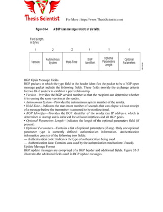 For More : https://www.ThesisScientist.com
BGP Open Message Fields
BGP packets in which the type field in the header identifies the packet to be a BGP open
message packet include the following fields. These fields provide the exchange criteria
for two BGP routers to establish a peer relationship.
• Version—Provides the BGP version number so that the recipient can determine whether
it is running the same version as the sender.
• Autonomous System—Provides the autonomous system number of the sender.
• Hold-Time—Indicates the maximum number of seconds that can elapse without receipt
of a message before the transmitter is assumed to be nonfunctional.
• BGP Identifier—Provides the BGP identifier of the sender (an IP address), which is
determined at startup and is identical for all local interfaces and all BGP peers.
• Optional Parameters Length—Indicates the length of the optional parameters field (if
present).
• Optional Parameters—Contains a list of optional parameters (if any). Only one optional
parameter type is currently defined: authentication information. Authentication
information consists of the following two fields:
— Authentication code: Indicates the type of authentication being used.
— Authentication data: Contains data used by the authentication mechanism (if used).
Update Message Format
BGP update messages are comprised of a BGP header and additional fields. Figure 35-5
illustrates the additional fields used in BGP update messages.
 