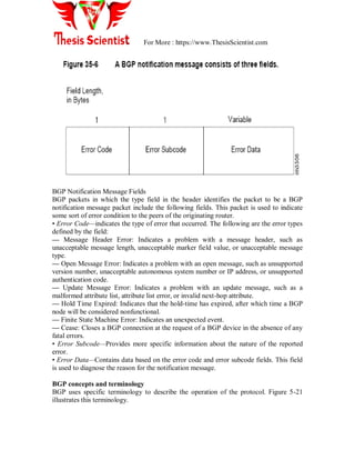 For More : https://www.ThesisScientist.com
BGP Notification Message Fields
BGP packets in which the type field in the header identifies the packet to be a BGP
notification message packet include the following fields. This packet is used to indicate
some sort of error condition to the peers of the originating router.
• Error Code—indicates the type of error that occurred. The following are the error types
defined by the field:
— Message Header Error: Indicates a problem with a message header, such as
unacceptable message length, unacceptable marker field value, or unacceptable message
type.
— Open Message Error: Indicates a problem with an open message, such as unsupported
version number, unacceptable autonomous system number or IP address, or unsupported
authentication code.
— Update Message Error: Indicates a problem with an update message, such as a
malformed attribute list, attribute list error, or invalid next-hop attribute.
— Hold Time Expired: Indicates that the hold-time has expired, after which time a BGP
node will be considered nonfunctional.
— Finite State Machine Error: Indicates an unexpected event.
— Cease: Closes a BGP connection at the request of a BGP device in the absence of any
fatal errors.
• Error Subcode—Provides more specific information about the nature of the reported
error.
• Error Data—Contains data based on the error code and error subcode fields. This field
is used to diagnose the reason for the notification message.
BGP concepts and terminology
BGP uses specific terminology to describe the operation of the protocol. Figure 5-21
illustrates this terminology.
 
