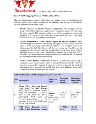 For More : https://www.ThesisScientist.com
Cases With Overlapping Private and Public Address Blocks
There are circumstances however where there may indeed be an overlap between the
addresses used for the inside network, and the addresses used for part of the outside
network. Consider the following cases:
o Private Network To Private Network Connections: Our example network
using 10.0.0.0 block addresses might want to connect to another network using
the same method. This situation might occur if two corporations merge and
happened to be using the same addressing scheme (and there aren't that many
private IP blocks, so this isn't that uncommon).
o Invalid Assignment of Public Address Space To Private Network: Some
networks might have been set up not using a designated private address block but
rather a block containing valid Internet addresses. For example, suppose an
administrator decided that the network he was setting up ―would never be
connected to the Internet‖ (ha!) and numbered the whole thing using 18.0.0.0
addresses, which belong to the Massachusetts Institute of Technology (MIT).
Then later, this administrator's shortsightedness would backfire when the network
did indeed need to be connected to the 'net.
o “Stale” Public Address Assignment: Company A might have been using a
particular address block for years that was reassigned or reallocated for whatever
reason to company B. Company A might not want to go through the hassle of
renumbering their network, and would then keep their addresses even while
Company B started using them on the Internet.
Table 77: Operation Of “Overlapping” NAT / “Twice NAT”
Step
#
Description
Datagram
Type
Datagram
Source
Address
Datagram
Destination
Address
1
Inside Client Generates Request
And Sends To NAT Router:
Device 18.0.0.18 generates a request
using the destination 172.16.44.55
that it got from the (NAT-
intercepted) DNS query for
―www.twicenat.mit.edu. The
datagram is sent to the NAT router
for the local network.
Request
(from
inside client
to outside
server)
18.0.0.18
(Inside
Local)
172.16.44.55
(Outside
Local)
2
NAT Router Translates Source
Address And Destination Address
194.54.21.12
(Inside
18.1.2.3
(Outside
 