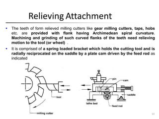 Relieving Attachment
 The teeth of form relieved milling cutters like gear milling cutters, taps, hobs
etc. are provided with flank having Archimedean spiral curvature.
Machining and grinding of such curved flanks of the teeth need relieving
motion to the tool (or wheel) .
 It is comprised of a spring loaded bracket which holds the cutting tool and is
radially reciprocated on the saddle by a plate cam driven by the feed rod as
indicated
13
 