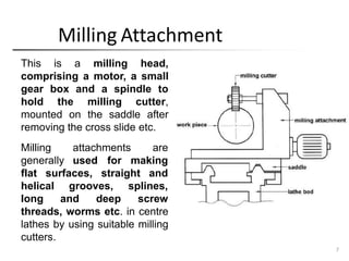 Milling Attachment
This is a milling head,
comprising a motor, a small
gear box and a spindle to
hold the milling cutter,
mounted on the saddle after
removing the cross slide etc.
are
Milling attachments
generally used for making
flat surfaces, straight and
helical grooves,
long and deep
splines,
screw
threads, worms etc. in centre
lathes by using suitable milling
cutters.
7
 