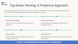 Top-Down Parsing: A Predictive Approach
Top-down parsing begins from the grammar's start symbol and attempts to derive the input string by expanding non-
terminals. It's akin to predicting the structure before seeing the entire input.
Expansion Strategy
Starts from the root and generates the parse tree
downwards.
Lookahead Tokens
Uses LL(k) parsing, employing k tokens to make
predictive decisions.
Backtracking
Can backtrack to explore alternative parse paths for
ambiguous grammars.
Left Recursion
Cannot directly handle left-recursive grammars without
modifications.
FACULTY OF ENGINEERING TECHNOLOGY & COMPUTING
 