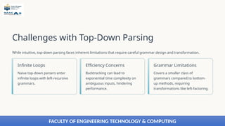 Challenges with Top-Down Parsing
While intuitive, top-down parsing faces inherent limitations that require careful grammar design and transformation.
Infinite Loops
Naive top-down parsers enter
infinite loops with left-recursive
grammars.
Efficiency Concerns
Backtracking can lead to
exponential time complexity on
ambiguous inputs, hindering
performance.
Grammar Limitations
Covers a smaller class of
grammars compared to bottom-
up methods, requiring
transformations like left-factoring.
FACULTY OF ENGINEERING TECHNOLOGY & COMPUTING
 