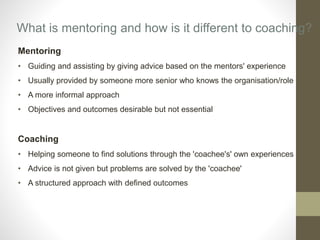 Mentoring
• Guiding and assisting by giving advice based on the mentors' experience
• Usually provided by someone more sen...