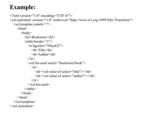 Example:
<?xml version="1.0" encoding="UTF-8"?>
<xsl:stylesheet version="1.0" xmlns:xsl="http://www.w3.org/1999/XSL/Transform">
<xsl:template match="/">
<html>
<body>
<h2>Bookstore</h2>
<table border="1">
<tr bgcolor="#9acd32">
<th>Title</th>
<th>Author</th>
</tr>
<xsl:for-each select="bookstore/book">
<tr>
<td><xsl:value-of select="title"/></td>
<td><xsl:value-of select="author"/></td>
</tr>
</xsl:for-each>
</table>
</body>
</html>
</xsl:template>
</xsl:stylesheet>
 
