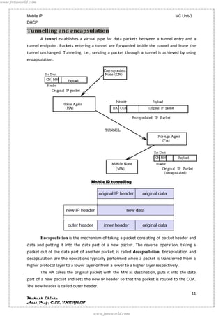 www.jntuworld.com


            Mobile IP                                                                           MC Unit-3
            DHCP
            Tunnelling and encapsulation
                    A tunnel establishes a virtual pipe for data packets between a tunnel entry and a
            tunnel endpoint. Packets entering a tunnel are forwarded inside the tunnel and leave the
            tunnel unchanged. Tunneling, i.e., sending a packet through a tunnel is achieved by using
            encapsulation.




                                                Mobile IP tunnelling




                    Encapsulation is the mechanism of taking a packet consisting of packet header and
            data and putting it into the data part of a new packet. The reverse operation, taking a
            packet out of the data part of another packet, is called decapsulation. Encapsulation and
            decapsulation are the operations typically performed when a packet is transferred from a
            higher protocol layer to a lower layer or from a lower to a higher layer respectively.
                    The HA takes the original packet with the MN as destination, puts it into the data
            part of a new packet and sets the new IP header so that the packet is routed to the COA.
            The new header is called outer header.
                                                                                                        11
            Mukesh Chinta
            Asst Prof, CSE, VNRVJIET

                                                 www.jntuworld.com
 