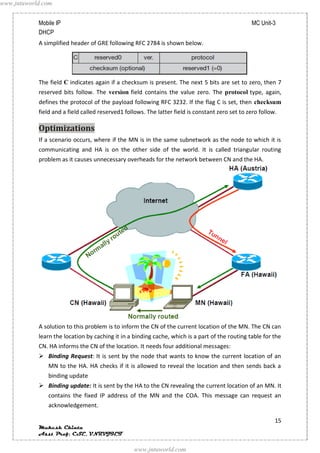 www.jntuworld.com


            Mobile IP                                                                             MC Unit-3
            DHCP
            A simplified header of GRE following RFC 2784 is shown below.




            The field C indicates again if a checksum is present. The next 5 bits are set to zero, then 7
            reserved bits follow. The version field contains the value zero. The protocol type, again,
            defines the protocol of the payload following RFC 3232. If the flag C is set, then checksum
            field and a field called reserved1 follows. The latter field is constant zero set to zero follow.

            Optimizations
            If a scenario occurs, where if the MN is in the same subnetwork as the node to which it is
            communicating and HA is on the other side of the world. It is called triangular routing
            problem as it causes unnecessary overheads for the network between CN and the HA.




            A solution to this problem is to inform the CN of the current location of the MN. The CN can
            learn the location by caching it in a binding cache, which is a part of the routing table for the
            CN. HA informs the CN of the location. It needs four additional messages:
             Binding Request: It is sent by the node that wants to know the current location of an
               MN to the HA. HA checks if it is allowed to reveal the location and then sends back a
               binding update
             Binding update: It is sent by the HA to the CN revealing the current location of an MN. It
               contains the fixed IP address of the MN and the COA. This message can request an
               acknowledgement.

                                                                                                            15
            Mukesh Chinta
            Asst Prof, CSE, VNRVJIET

                                                  www.jntuworld.com
 