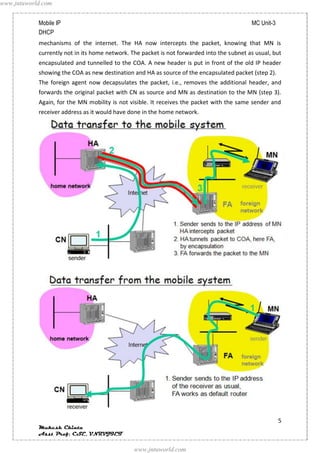 www.jntuworld.com


            Mobile IP                                                                       MC Unit-3
            DHCP
            mechanisms of the internet. The HA now intercepts the packet, knowing that MN is
            currently not in its home network. The packet is not forwarded into the subnet as usual, but
            encapsulated and tunnelled to the COA. A new header is put in front of the old IP header
            showing the COA as new destination and HA as source of the encapsulated packet (step 2).
            The foreign agent now decapsulates the packet, i.e., removes the additional header, and
            forwards the original packet with CN as source and MN as destination to the MN (step 3).
            Again, for the MN mobility is not visible. It receives the packet with the same sender and
            receiver address as it would have done in the home network.




                                                                                                        5
            Mukesh Chinta
            Asst Prof, CSE, VNRVJIET

                                                www.jntuworld.com
 