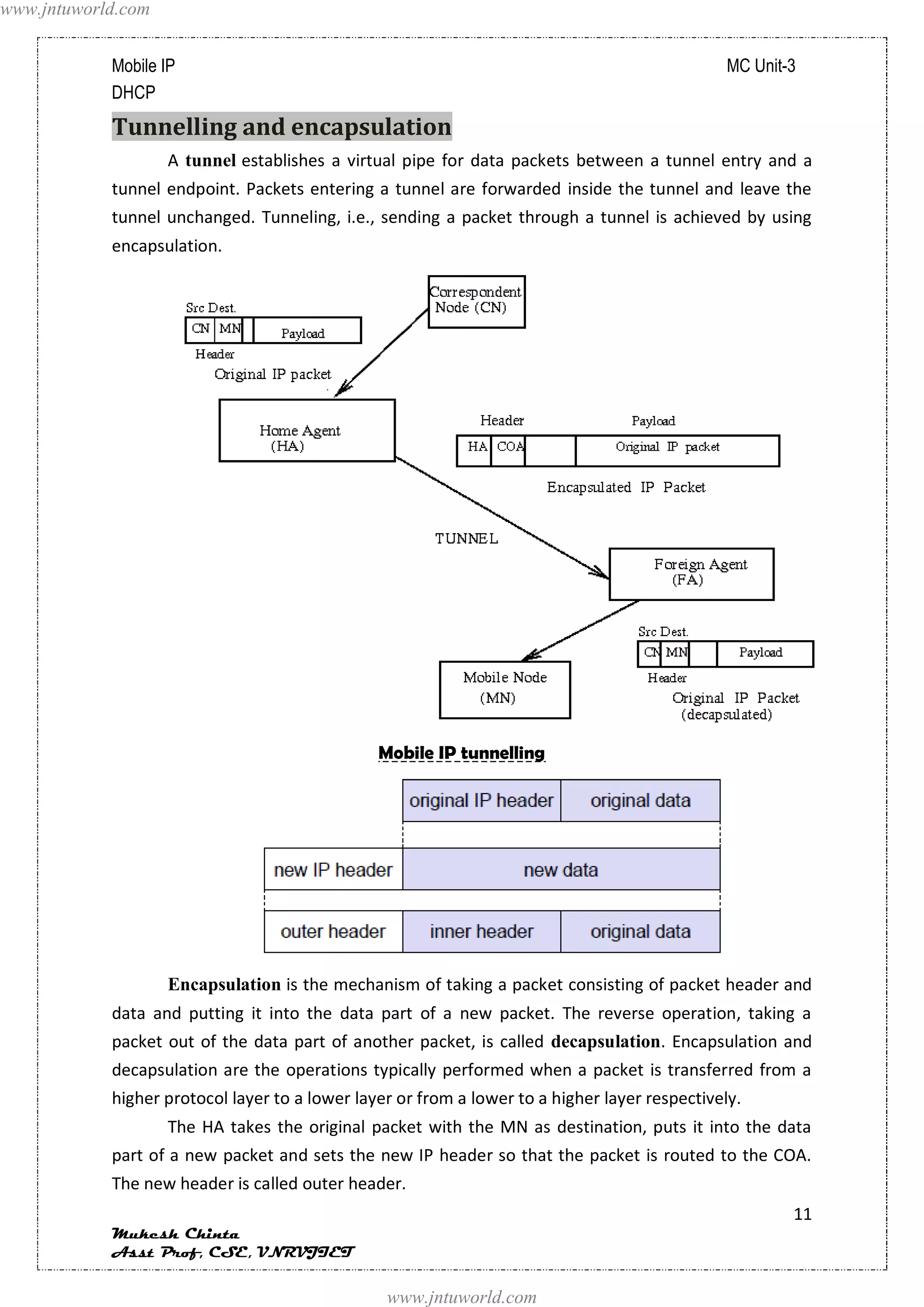 www.jntuworld.com


            Mobile IP                                                                           MC Unit-3
            DHCP
            Tunnelling and encapsulation
                    A tunnel establishes a virtual pipe for data packets between a tunnel entry and a
            tunnel endpoint. Packets entering a tunnel are forwarded inside the tunnel and leave the
            tunnel unchanged. Tunneling, i.e., sending a packet through a tunnel is achieved by using
            encapsulation.




                                                Mobile IP tunnelling




                    Encapsulation is the mechanism of taking a packet consisting of packet header and
            data and putting it into the data part of a new packet. The reverse operation, taking a
            packet out of the data part of another packet, is called decapsulation. Encapsulation and
            decapsulation are the operations typically performed when a packet is transferred from a
            higher protocol layer to a lower layer or from a lower to a higher layer respectively.
                    The HA takes the original packet with the MN as destination, puts it into the data
            part of a new packet and sets the new IP header so that the packet is routed to the COA.
            The new header is called outer header.
                                                                                                        11
            Mukesh Chinta
            Asst Prof, CSE, VNRVJIET

                                                 www.jntuworld.com
 