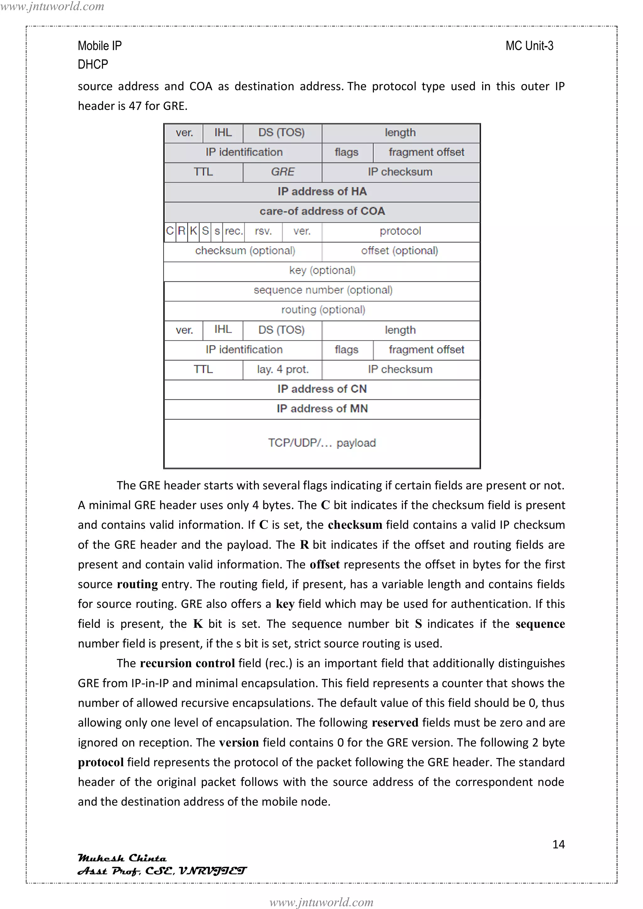 www.jntuworld.com


            Mobile IP                                                                            MC Unit-3
            DHCP
            source address and COA as destination address. The protocol type used in this outer IP
            header is 47 for GRE.




                    The GRE header starts with several flags indicating if certain fields are present or not.
            A minimal GRE header uses only 4 bytes. The C bit indicates if the checksum field is present
            and contains valid information. If C is set, the checksum field contains a valid IP checksum
            of the GRE header and the payload. The R bit indicates if the offset and routing fields are
            present and contain valid information. The offset represents the offset in bytes for the first
            source routing entry. The routing field, if present, has a variable length and contains fields
            for source routing. GRE also offers a key field which may be used for authentication. If this
            field is present, the K bit is set. The sequence number bit S indicates if the sequence
            number field is present, if the s bit is set, strict source routing is used.
                    The recursion control field (rec.) is an important field that additionally distinguishes
            GRE from IP-in-IP and minimal encapsulation. This field represents a counter that shows the
            number of allowed recursive encapsulations. The default value of this field should be 0, thus
            allowing only one level of encapsulation. The following reserved fields must be zero and are
            ignored on reception. The version field contains 0 for the GRE version. The following 2 byte
            protocol field represents the protocol of the packet following the GRE header. The standard
            header of the original packet follows with the source address of the correspondent node
            and the destination address of the mobile node.


                                                                                                          14
            Mukesh Chinta
            Asst Prof, CSE, VNRVJIET

                                                   www.jntuworld.com
 