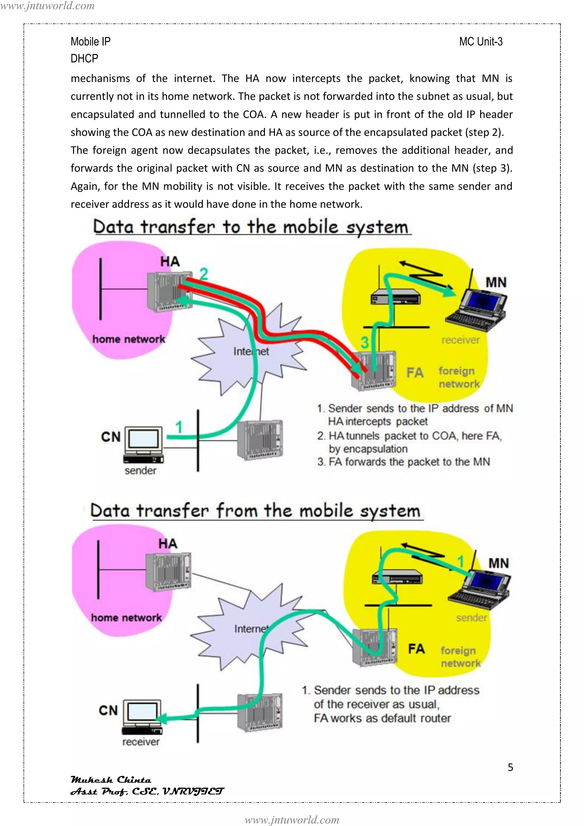 www.jntuworld.com


            Mobile IP                                                                       MC Unit-3
            DHCP
            mechanisms of the internet. The HA now intercepts the packet, knowing that MN is
            currently not in its home network. The packet is not forwarded into the subnet as usual, but
            encapsulated and tunnelled to the COA. A new header is put in front of the old IP header
            showing the COA as new destination and HA as source of the encapsulated packet (step 2).
            The foreign agent now decapsulates the packet, i.e., removes the additional header, and
            forwards the original packet with CN as source and MN as destination to the MN (step 3).
            Again, for the MN mobility is not visible. It receives the packet with the same sender and
            receiver address as it would have done in the home network.




                                                                                                        5
            Mukesh Chinta
            Asst Prof, CSE, VNRVJIET

                                                www.jntuworld.com
 