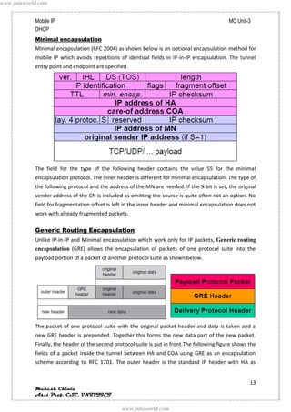 www.jntuworld.com


            Mobile IP                                                                          MC Unit-3
            DHCP
            Minimal encapsulation
            Minimal encapsulation (RFC 2004) as shown below is an optional encapsulation method for
            mobile IP which avoids repetitions of identical fields in IP-in-IP encapsulation. The tunnel
            entry point and endpoint are specified.




            The field for the type of the following header contains the value 55 for the minimal
            encapsulation protocol. The inner header is different for minimal encapsulation. The type of
            the following protocol and the address of the MN are needed. If the S bit is set, the original
            sender address of the CN is included as omitting the source is quite often not an option. No
            field for fragmentation offset is left in the inner header and minimal encapsulation does not
            work with already fragmented packets.

            Generic Routing Encapsulation
            Unlike IP-in-IP and Minimal encapsulation which work only for IP packets, Generic routing
            encapsulation (GRE) allows the encapsulation of packets of one protocol suite into the
            payload portion of a packet of another protocol suite as shown below.




            The packet of one protocol suite with the original packet header and data is taken and a
            new GRE header is prepended. Together this forms the new data part of the new packet.
            Finally, the header of the second protocol suite is put in front.The following figure shows the
            fields of a packet inside the tunnel between HA and COA using GRE as an encapsulation
            scheme according to RFC 1701. The outer header is the standard IP header with HA as


                                                                                                        13
            Mukesh Chinta
            Asst Prof, CSE, VNRVJIET

                                                 www.jntuworld.com
 