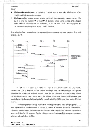 www.jntuworld.com


            Mobile IP                                                                         MC Unit-3
            DHCP
             Binding acknowledgement: If requested, a node returns this acknowledgement after
               receiving a binding update message
             Binding warning: A node sends a binding warning if it decapsulates a packet for an MN,
               but it is note the current FA of this MN. It contains MN’s home address and a target
               nodes address. The recipient can be the HA, so the HA now sends a binding update to
               the node that obviously has a wrong COA for the MN.


            The following figure shows how the four additional messages are used together if an MN
            changes its FA.




                    The CN can request the current location from the HA. If allowed by the MN, the HA
            returns the COA of the MN via an update message. The CN acknowledges this update
            message and stores the mobility binding. Now the CN can send its data directly to the
            current foreign agent FAold. FAold forwards the packets to the MN. This scenario shows a COA
            located at an FA. Encapsulation of data for tunneling to the COA is now done by the CN, not
            the HA.
                    The MN might now change its location and register with a new foreign agent, FA new.
            This registration is also forwarded to the HA to update its location database. Furthermore,
            FAnew informs FAold about the new registration of MN. MN’s registration message contains the
            address of FAold for this purpose. Passing this information is achieved via an update message,
            which is acknowledged by FAold.

                                                                                                       16
            Mukesh Chinta
            Asst Prof, CSE, VNRVJIET

                                                www.jntuworld.com
 