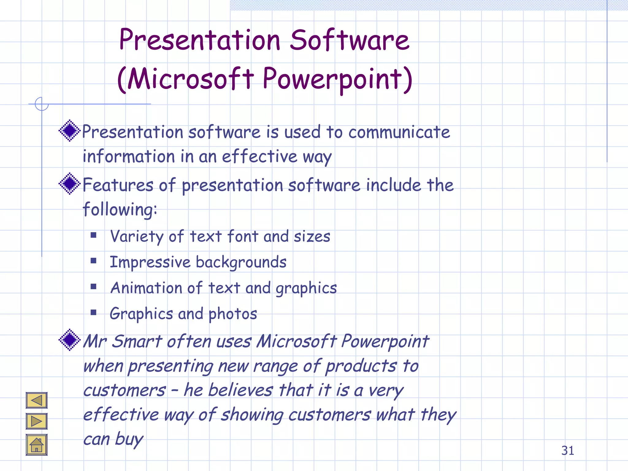 Presentation Software (Microsoft Powerpoint) Presentation software is used to communicate information in an effective way Features of presentation software include the following: Variety of text font and sizes Impressive backgrounds Animation of text and graphics Graphics and photos Mr Smart often uses Microsoft Powerpoint when presenting new range of products to customers – he believes that it is a very effective way of showing customers what they can buy 