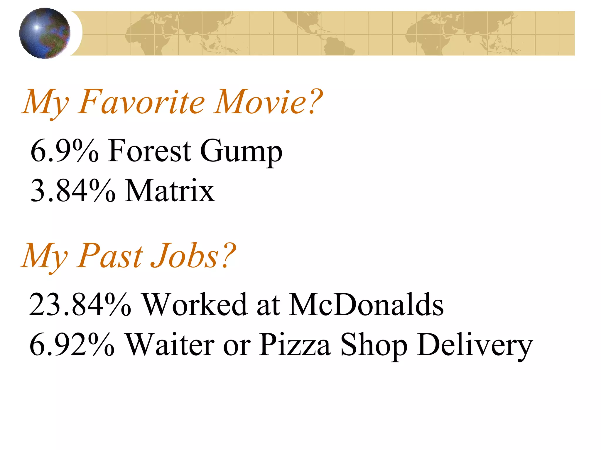 My Favorite Movie? 6.9% Forest Gump 3.84% Matrix My Past Jobs? 23.84% Worked at McDonalds 6.92% Waiter or Pizza Shop Delivery 