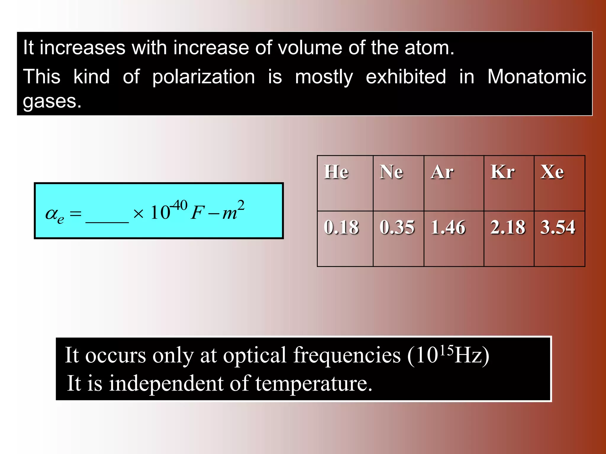 It increases with increase of volume of the atom.
This kind of polarization is mostly exhibited in Monatomic
gases.
10____ 2-40
mFe 
He Ne Ar Kr Xe
0.18 0.35 1.46 2.18 3.54
It occurs only at optical frequencies (1015Hz)
It is independent of temperature.
 