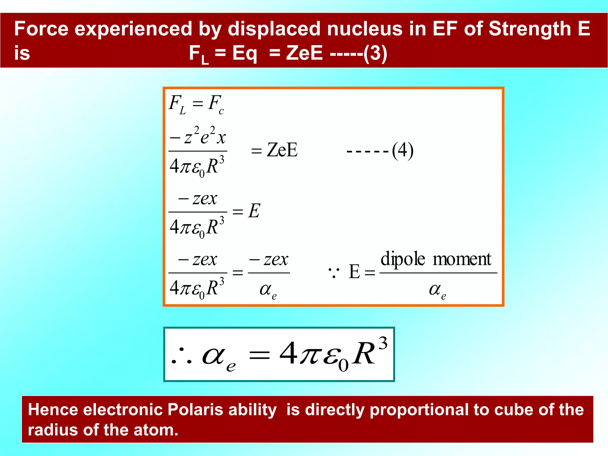 Force experienced by displaced nucleus in EF of Strength E
is FL = Eq = ZeE -----(3)
ee
cL
zex
R
zex
E
R
zex
R
xez
FF



momentdipole
E
4
4
(4)-----ZeE
4
3
0
3
0
3
0
22










3
04 Re  
Hence electronic Polaris ability is directly proportional to cube of the
radius of the atom.
 