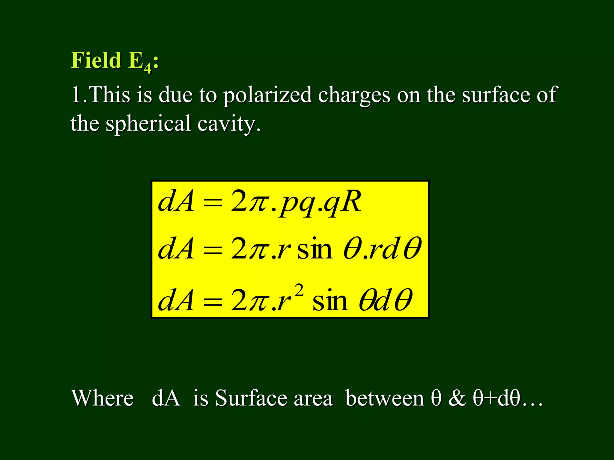 Field E4:
1.This is due to polarized charges on the surface of
the spherical cavity.
Where dA is Surface area between θ & θ+dθ…



drdA
rdrdA
qRpqdA
sin.2
.sin.2
..2
2



 