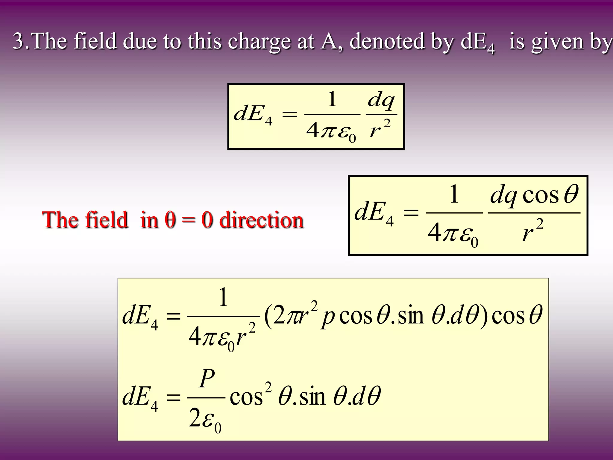 3.The field due to this charge at A, denoted by dE4 is given by
2
0
4
4
1
r
dq
dE


The field in θ = 0 direction 2
0
4
cos
4
1
r
dq
dE







d
P
dE
dpr
r
dE
.sin.cos
2
cos).sin.cos2(
4
1
2
0
4
2
2
0
4


 