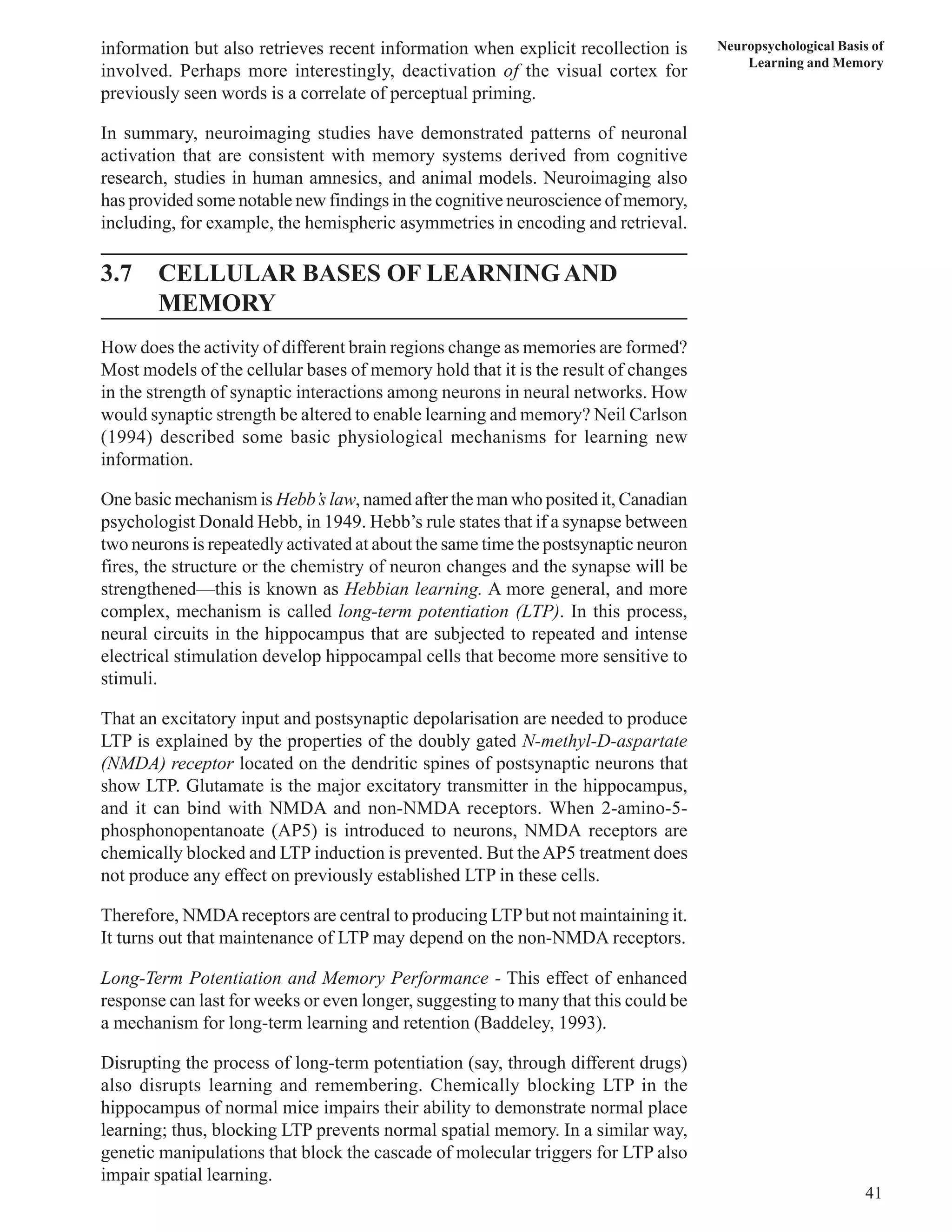 Neuropsychological Basis of 
Learning and Memory 
41 
information but also retrieves recent information when explicit recollection is 
involved. Perhaps more interestingly, deactivation of the visual cortex for 
previously seen words is a correlate of perceptual priming. 
In summary, neuroimaging studies have demonstrated patterns of neuronal 
activation that are consistent with memory systems derived from cognitive 
research, studies in human amnesics, and animal models. Neuroimaging also 
has provided some notable new findings in the cognitive neuroscience of memory, 
including, for example, the hemispheric asymmetries in encoding and retrieval. 
3.7 CELLULAR BASES OF LEARNING AND 
MEMORY 
How does the activity of different brain regions change as memories are formed? 
Most models of the cellular bases of memory hold that it is the result of changes 
in the strength of synaptic interactions among neurons in neural networks. How 
would synaptic strength be altered to enable learning and memory? Neil Carlson 
(1994) described some basic physiological mechanisms for learning new 
information. 
One basic mechanism is Hebb’s law, named after the man who posited it, Canadian 
psychologist Donald Hebb, in 1949. Hebb’s rule states that if a synapse between 
two neurons is repeatedly activated at about the same time the postsynaptic neuron 
fires, the structure or the chemistry of neuron changes and the synapse will be 
strengthened—this is known as Hebbian learning. A more general, and more 
complex, mechanism is called long-term potentiation (LTP). In this process, 
neural circuits in the hippocampus that are subjected to repeated and intense 
electrical stimulation develop hippocampal cells that become more sensitive to 
stimuli. 
That an excitatory input and postsynaptic depolarisation are needed to produce 
LTP is explained by the properties of the doubly gated N-methyl-D-aspartate 
(NMDA) receptor located on the dendritic spines of postsynaptic neurons that 
show LTP. Glutamate is the major excitatory transmitter in the hippocampus, 
and it can bind with NMDA and non-NMDA receptors. When 2-amino-5- 
phosphonopentanoate (AP5) is introduced to neurons, NMDA receptors are 
chemically blocked and LTP induction is prevented. But the AP5 treatment does 
not produce any effect on previously established LTP in these cells. 
Therefore, NMDA receptors are central to producing LTP but not maintaining it. 
It turns out that maintenance of LTP may depend on the non-NMDA receptors. 
Long-Term Potentiation and Memory Performance - This effect of enhanced 
response can last for weeks or even longer, suggesting to many that this could be 
a mechanism for long-term learning and retention (Baddeley, 1993). 
Disrupting the process of long-term potentiation (say, through different drugs) 
also disrupts learning and remembering. Chemically blocking LTP in the 
hippocampus of normal mice impairs their ability to demonstrate normal place 
learning; thus, blocking LTP prevents normal spatial memory. In a similar way, 
genetic manipulations that block the cascade of molecular triggers for LTP also 
impair spatial learning. 
 