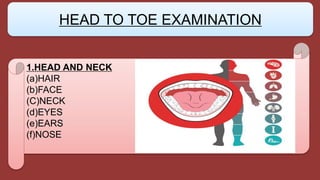 1.HEAD AND NECK
(a)HAIR
(b)FACE
(C)NECK
(d)EYES
(e)EARS
(f)NOSE
HEAD TO TOE EXAMINATION
 