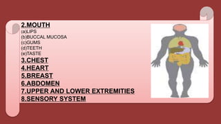 2.MOUTH
(a)LIPS
(b)BUCCAL MUCOSA
(c)GUMS
(d)TEETH
(e)TASTE
3.CHEST
4.HEART
5.BREAST
6.ABDOMEN
7.UPPER AND LOWER EXTREMITIES
8.SENSORY SYSTEM
 
