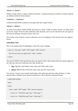 Unit-III/Web Engineering St.Aloysius Institute of Technology
<frame> or <frame/>
Defines a single frame, or region, within the frameset. A separate document is linked to a frame using the
src attribute inside the frame element.
<noframes>...</noframes>
Contains normal HTML content for user agents that don't support frames.
<iframe>...</iframe>
An inline frame places another HTML document in a frame. Unlike an object element, an inline frame
can be the "target" frame for links defined by other elements, and it can be selected by the user agent as
the focus for printing, viewing its source, and so on.
The content of the element is used as alternative text to be displayed if the browser does not support i-
frames.
Embedding Video
Here is the simplest form of embedding a video file in your webpage:
<video src="foo.mp4" width="300" height="200" controls>
Your browser does not support the <video> element.
</video>
The current HTML5 draft specification does not specify which video formats browsers should support in
the video tag. But most commonly used video formats are:
1. Ogg: Ogg files with Thedora video codec and Vorbis audio codec.
2. mpeg4: MPEG4 files with H.264 video codec and AAC audio codec.
You can use <source> tag to specify media along with media type and many other attributes. A video
element allows multiple source elements and browser will use the first recognized format:
<!DOCTYPE HTML>
<html>
<body>
<video width="300" height="200" controls autoplay>
<source src="/html5/foo.ogg" type="video/ogg" />
<source src="/html5/foo.mp4" type="video/mp4" />
Prepared By: Mr.Aditya patel Page 20
 