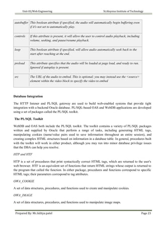 Unit-III/Web Engineering St.Aloysius Institute of Technology
autobuffer This boolean attribute if specified, the audio will automatically begin buffering even
if it's not set to automatically play.
controls If this attribute is present, it will allow the user to control audio playback, including
volume, seeking, and pause/resume playback.
loop This boolean attribute if specified, will allow audio automatically seek back to the
start after reaching at the end.
preload This attribute specifies that the audio will be loaded at page load, and ready to run.
Ignored if autoplay is present.
src The URL of the audio to embed. This is optional; you may instead use the <source>
element within the video block to specify the video to embed
Database Integration
The HTTP listener and PL/SQL gateway are used to build web-enabled systems that provide tight
integration with a backend Oracle database. PL/SQL-based OAS and WebDB applications are developed
using a set of packages called the PL/SQL toolkit.
The PL/SQL Toolkit
WebDB and OAS both include the PL/SQL toolkit. The toolkit contains a variety of PL/SQL packages
written and supplied by Oracle that perform a range of tasks, including generating HTML tags,
manipulating cookies (name/value pairs used to save information throughout an entire session), and
creating complex HTML structures based on information in a database table. In general, procedures built
with the toolkit will work in either product, although you may run into minor database privilege issues
that the DBA can help you resolve.
HTP and HTF
HTP is a set of procedures that print syntactically correct HTML tags, which are returned to the user's
web browser. HTF is an equivalent set of functions that return HTML strings whose output is returned to
the program that called the function. In either package, procedures and functions correspond to specific
HTML tags; their parameters correspond to tag attributes.
OWA_COOKIE
A set of data structures, procedures, and functions used to create and manipulate cookies.
OWA_IMAGE
A set of data structures, procedures, and functions used to manipulate image maps.
Prepared By: Mr.Aditya patel Page 23
 