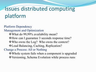 Issues distributed computing
platform
Platform Dependency
Management and Optimization
What do 99,99% availability mean?
How can I guarantee 3 seconds response time?
Who owns the Log? Who owns the context?
Load Balancing, Caching, Replication?
Change a Process: All or Nothing
Whole system fails when a component is upgraded
Versioning, Schema Evolution while process runs
 