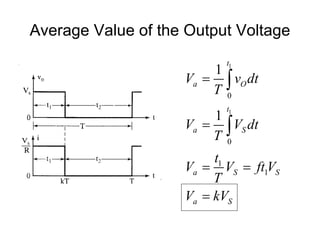 Average Value of the Output Voltage
1
1
0
0
1
1
1
1
t
a O
t
a S
a S S
a S
V v dt
T
V V dt
T
t
V V ft V
T
V kV


 



 