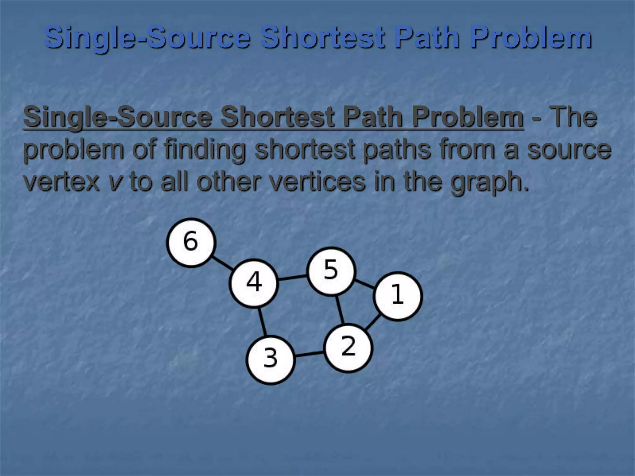 Single-Source Shortest Path Problem
Single-Source Shortest Path Problem - The
problem of finding shortest paths from a source
vertex v to all other vertices in the graph.
 