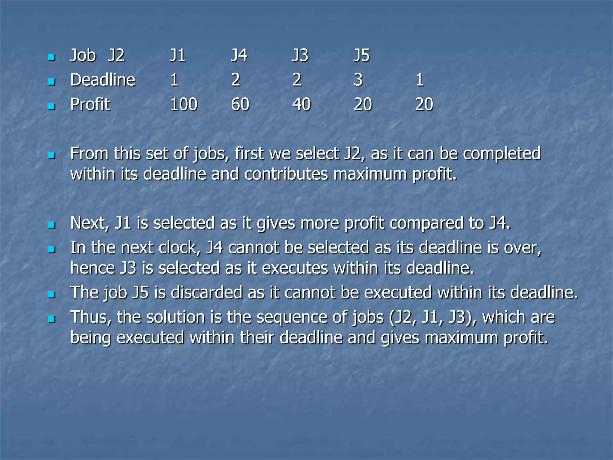  Job J2 J1 J4 J3 J5
 Deadline 1 2 2 3 1
 Profit 100 60 40 20 20
 From this set of jobs, first we select J2, as it can be completed
within its deadline and contributes maximum profit.
 Next, J1 is selected as it gives more profit compared to J4.
 In the next clock, J4 cannot be selected as its deadline is over,
hence J3 is selected as it executes within its deadline.
 The job J5 is discarded as it cannot be executed within its deadline.
 Thus, the solution is the sequence of jobs (J2, J1, J3), which are
being executed within their deadline and gives maximum profit.
 