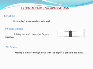 TYPES OF FORGING OPERATIONS
6.0 Forge Welding
Joining the work pieces by forging
operation.
7.0 Piercing
Making a blind or through holes with the help of a punch in the metal.
5.0 Cutting
Removal of excess metal from the work.
 