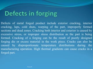 YoucaN
Defects of metal forged product include exterior cracking, interior
cracking, laps, cold shuts, warping of the part, improperly formed
sections and dead zones. Cracking both interior and exterior is caused by
excessive stress, or improper stress distribution as the part is being
formed. Cracking of a forging can be the result of poorly designed
forging die or excess material in the work piece. Cracks can also be
caused by disproportionate temperature distributions during the
manufacturing operation. High thermal gradients can cause cracks in a
forged part.
 