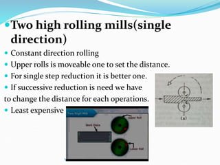 Two high rolling mills(single
direction)
 Constant direction rolling
 Upper rolls is moveable one to set the distance.
 For single step reduction it is better one.
 If successive reduction is need we have
to change the distance for each operations.
 Least expensive
YoucaN
 