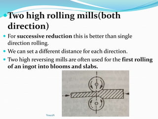 Two high rolling mills(both
direction)
 For successive reduction this is better than single
direction rolling.
 We can set a different distance for each direction.
 Two high reversing mills are often used for the first rolling
of an ingot into blooms and slabs.
YoucaN
 